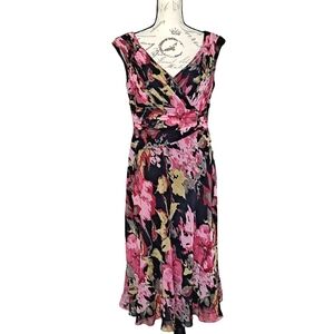 Adrianna Papell 100% silk black pink floral wedding guest cocktail dress size 10